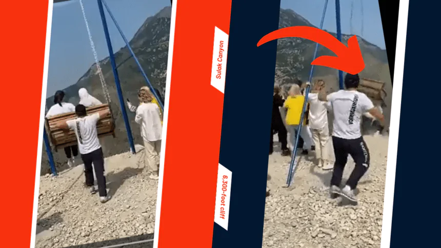 Two women nearly die as their swing breaks on a 6,300-foot precipice in a terrifying video.