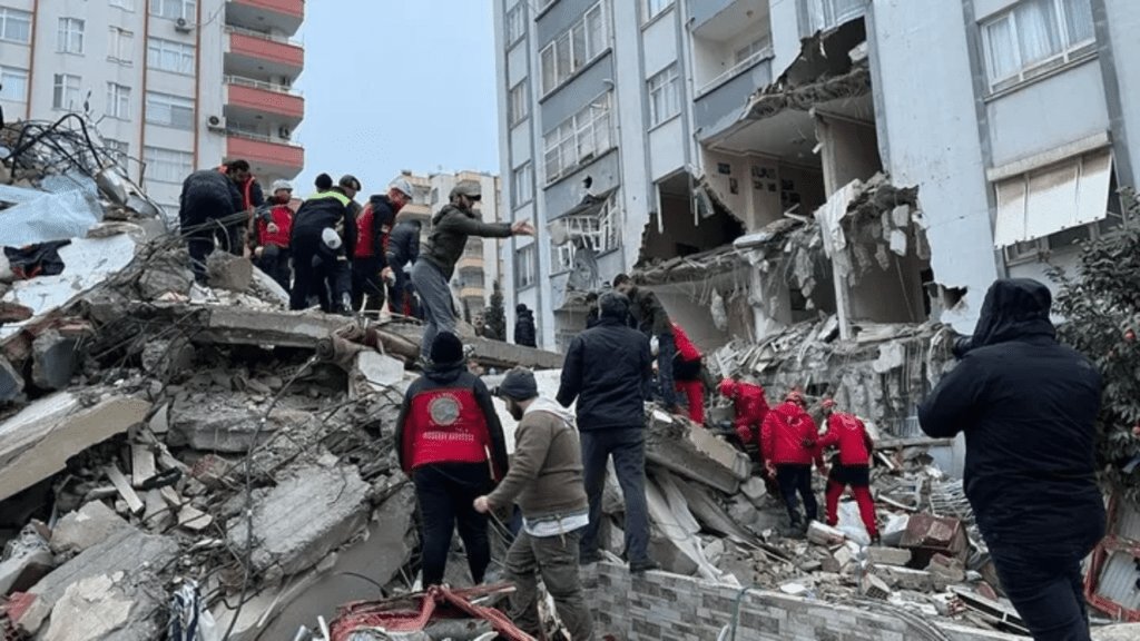 A view of debris as rescue workers conduct search and rescue operations after the 7.4 magnitude earthquake hits Kahramanmaras,