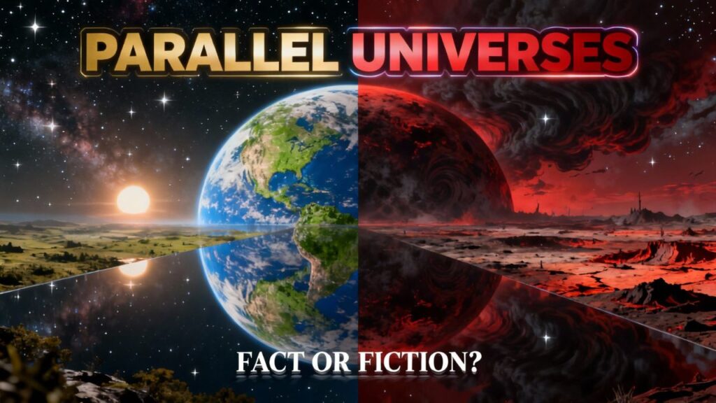 A cosmic scene showing multiple glowing spheres representing hypothetical parallel universes.