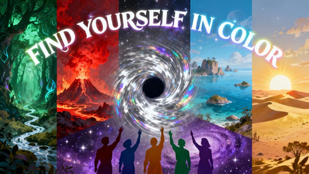 A character stepping from a 3D world into a colorful 2D cartoon landscape.