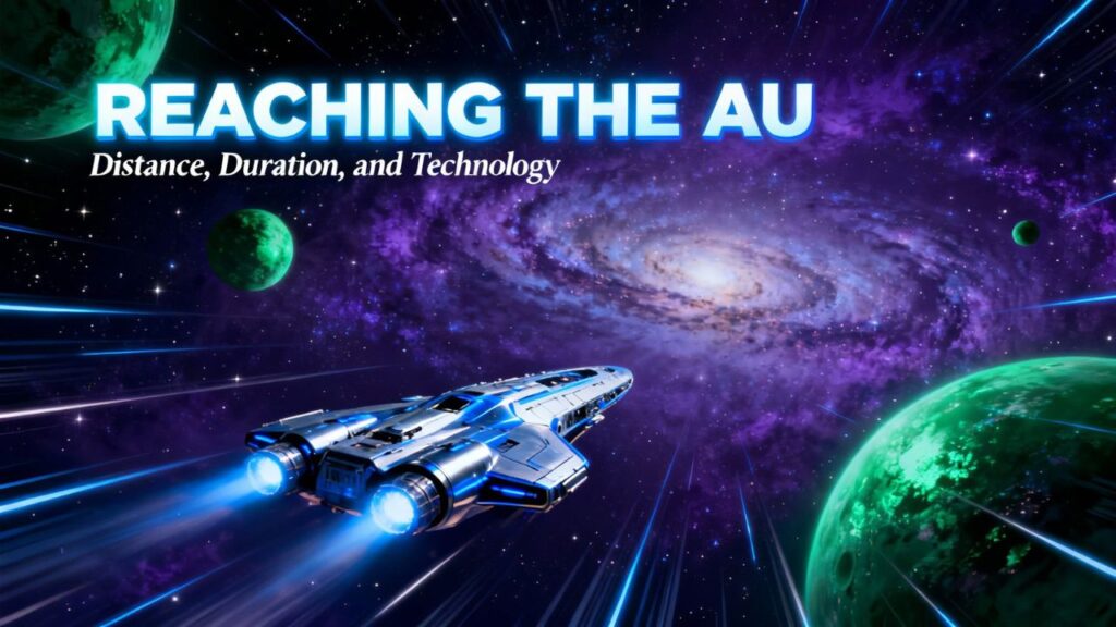 A spacecraft traveling through space with Earth and the Sun in view, illustrating the distance of one astronomical unit (AU).