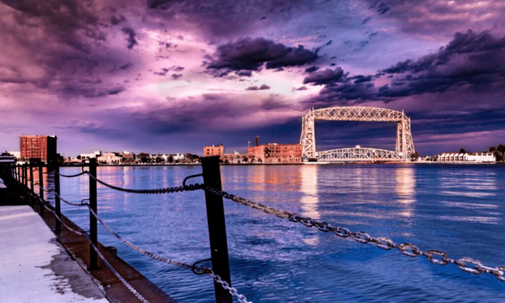 Duluth Minnesota city skyline overlooking Lake Superior.