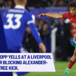 Jurgen Klopp yells at a Liverpool player for blocking Alexander-Arnold's free kick.