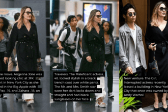 Angelina Jolie looks stylish in a black trench coat and white pants at JFK Airport. She rented a building in Manhattan that Andy Warhol once owned.