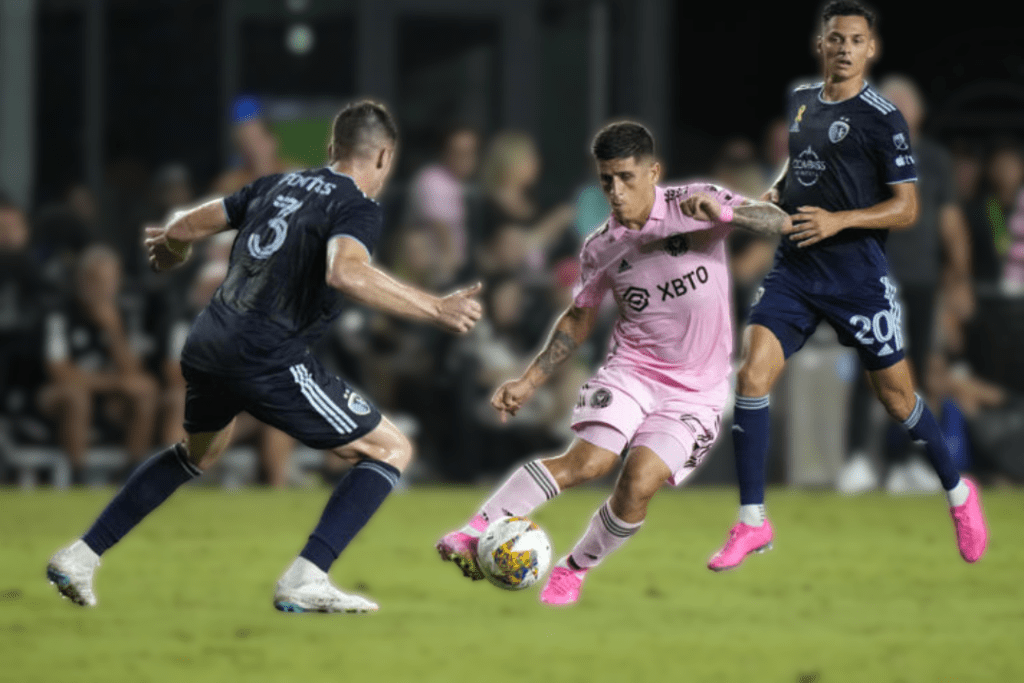 Inter Miami defender Franco Negri, in the middle, fights for the ball with Sporting Kansas City defender Andreu Fontas, on the left, and forward Daniel Salloi, on the right, during the first half of an MLS soccer game in Fort Lauderdale, Fla., on Sept. 9, 2023.