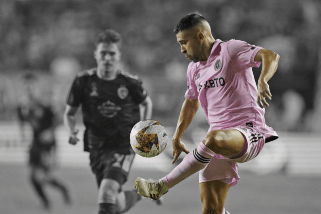 Facundo Farias, a player for Inter Miami, goes down as Sporting Kansas City defender Dany Rosero steals the ball, during the first half of an MLS soccer game in Fort Lauderdale, Florida, on September 9, 2023.