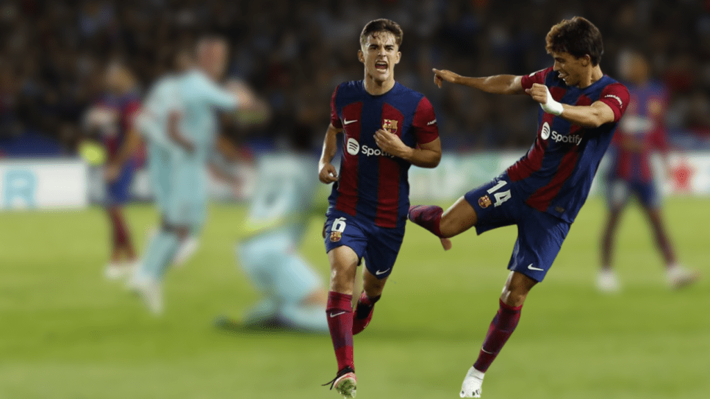 In the Champions League Group H clash at Estadi Olimpic Lluis Companys in Barcelona, Spain on September 19, 2023, FC Barcelona's Gavi jubilantly celebrates after netting their fourth goal, joined by Joao Felix in the celebration.