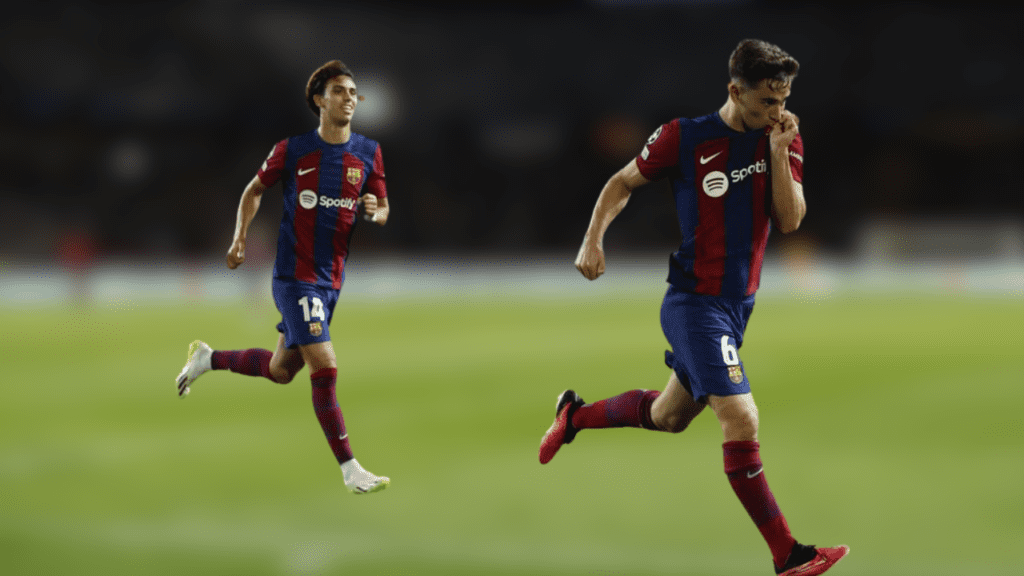 In the Champions League Group H fixture at Estadi Olimpic Lluis Companys in Barcelona, Spain on September 19, 2023, FC Barcelona's Gavi rejoices after netting their fourth goal.