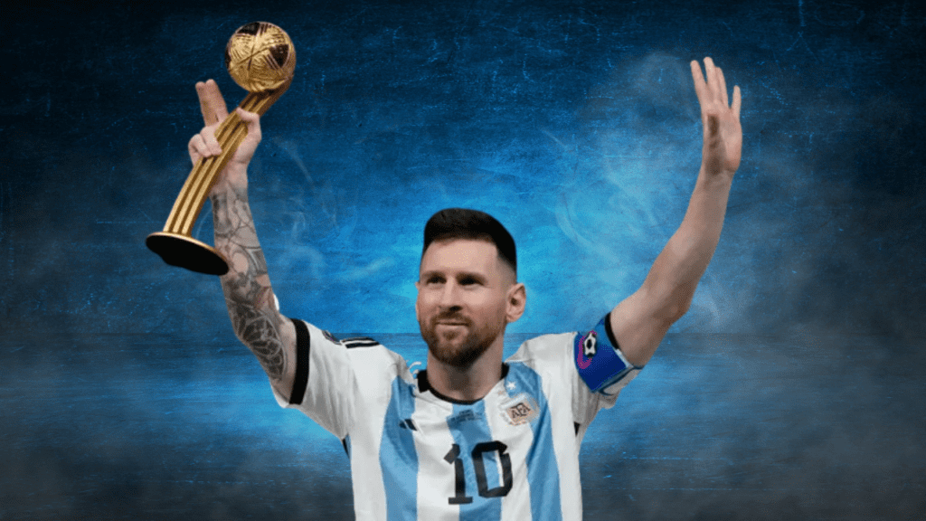 Argentina Lionel Messi waves after getting the Golden Ball for best player