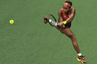 During-the-Womens-Singles-Final-on-Day-Thirteen-of-the-2023-US-Open-Coco-Gauff-returns-a-shot-from-Aryna-Sabalenka