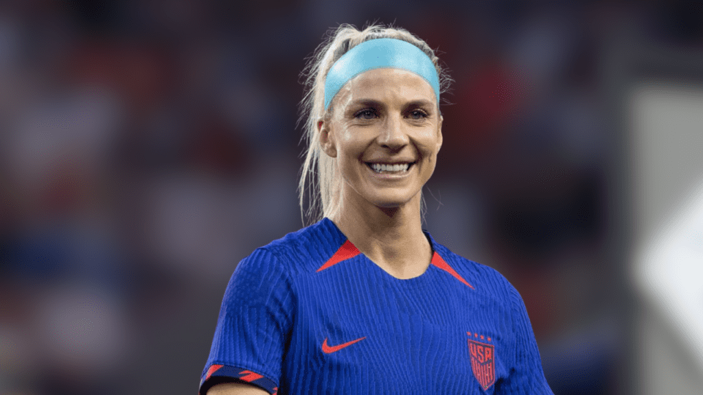Julie Ertz of the United States smiles before the game against South Africa at TQL Stadium