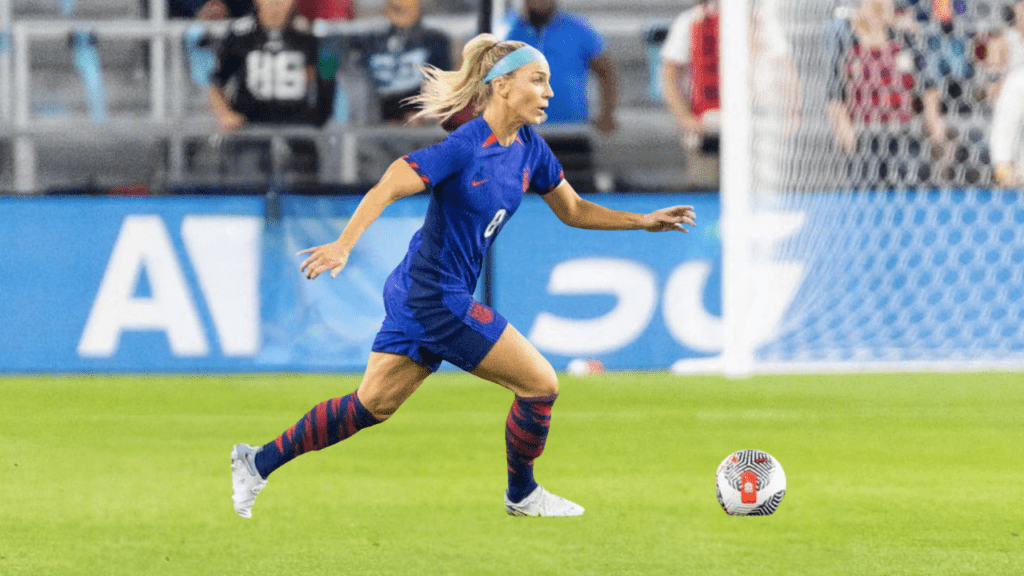 Julie Ertz of the United States dribbles the ball in the game against South Africa at TQL Stadium.