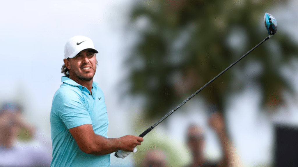 Brooks Koepka plays his shot from the 14th tee during the first round of the 2023 LIV Golf Team Championship Miami at Trump National Doral.