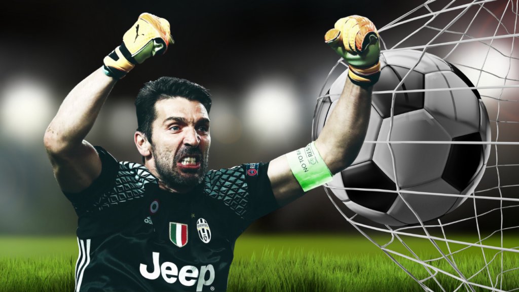 Gianluigi Buffon, legendary Italian goalkeeper, making a spectacular save in a match.
