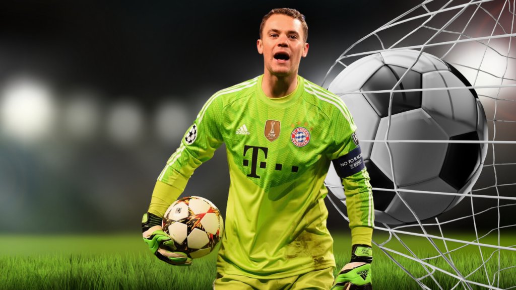 Manuel Neuer, Bayern Munich goalkeeper, making a crucial save during a match.
