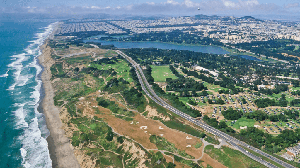 A view from above of The Olympic Club at the 98th U.S. Open golf tournament in San Francisco, California, on June 19, 1998. The event was held at the Lake Course.