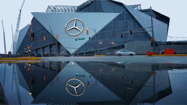 Mercedes-Benz Stadium exterior showcasing its innovative architecture and retractable roof.