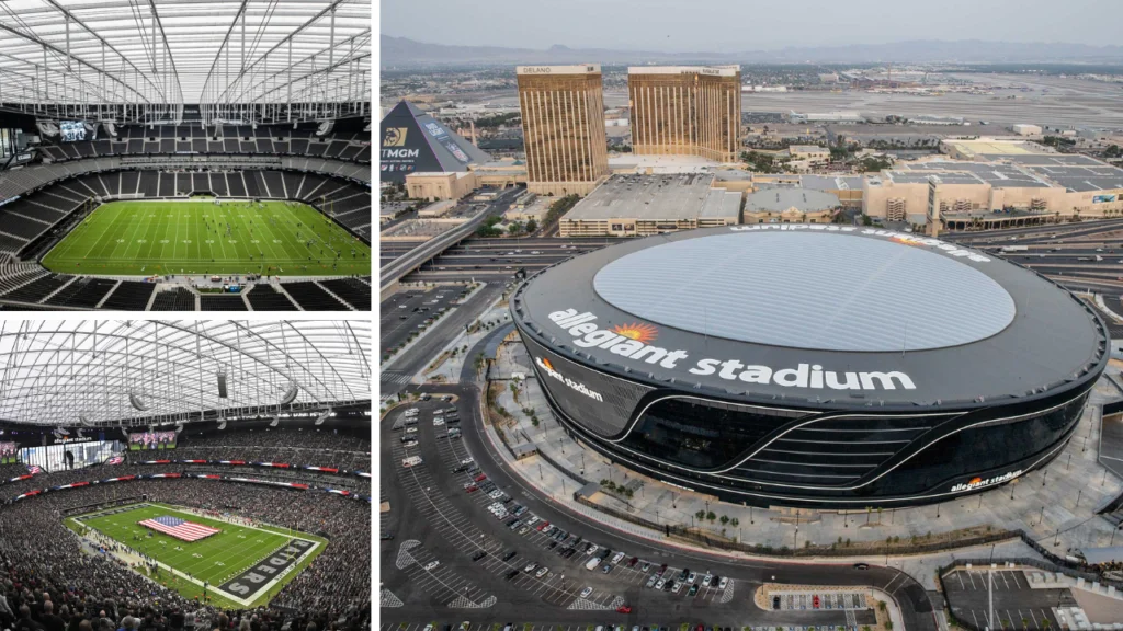 Exterior view of Allegiant Stadium, showcasing its modern architecture in Las Vegas, Nevada.
