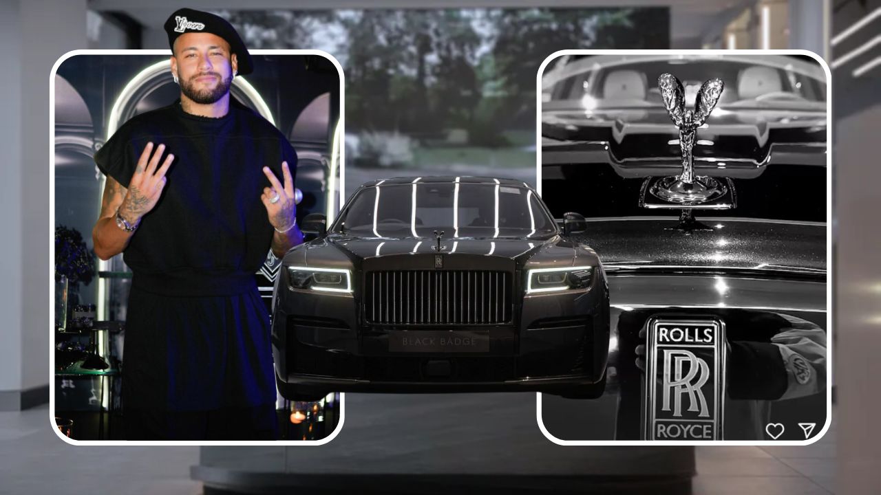 Neymar posing next to his new £270,000 Rolls-Royce Ghost, showcasing the luxury vehicle.