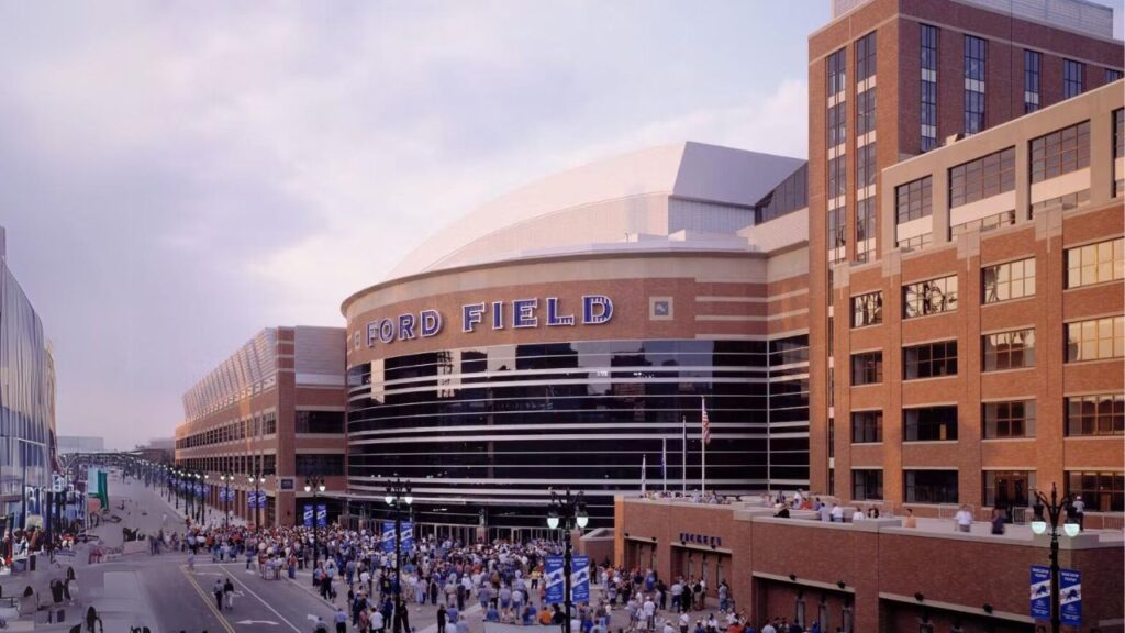 The outside of Ford Field, home of the Detroit Lions, in downtown Detroit.
