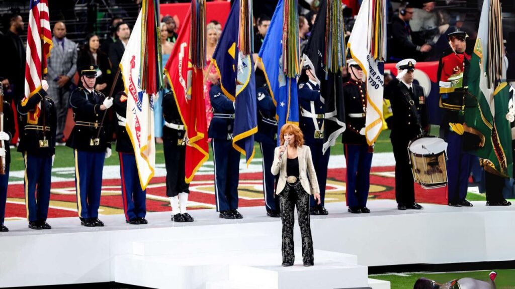 Reba McEntire shows up at Allegiant Stadium in Las Vegas, Nevada, on February 11, 2024, before Super Bowl LVIII.