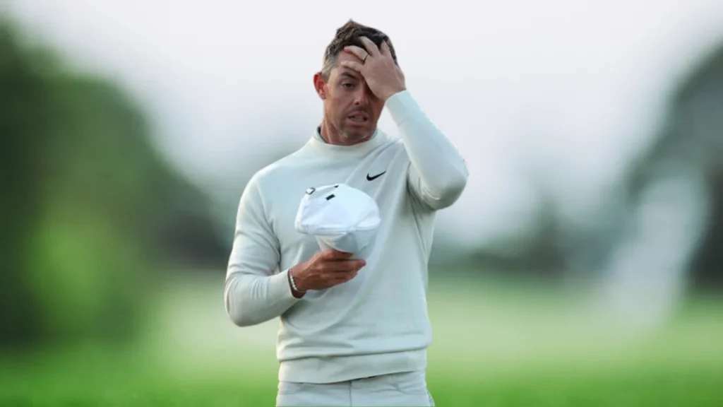 AUGUSTA, GA., APRIL 12: Rory McIlroy of Northern Ireland reacts on the 18th green during the second round of the 2024 Masters Tournament at Augusta National Golf Club in Augusta, Georgia.