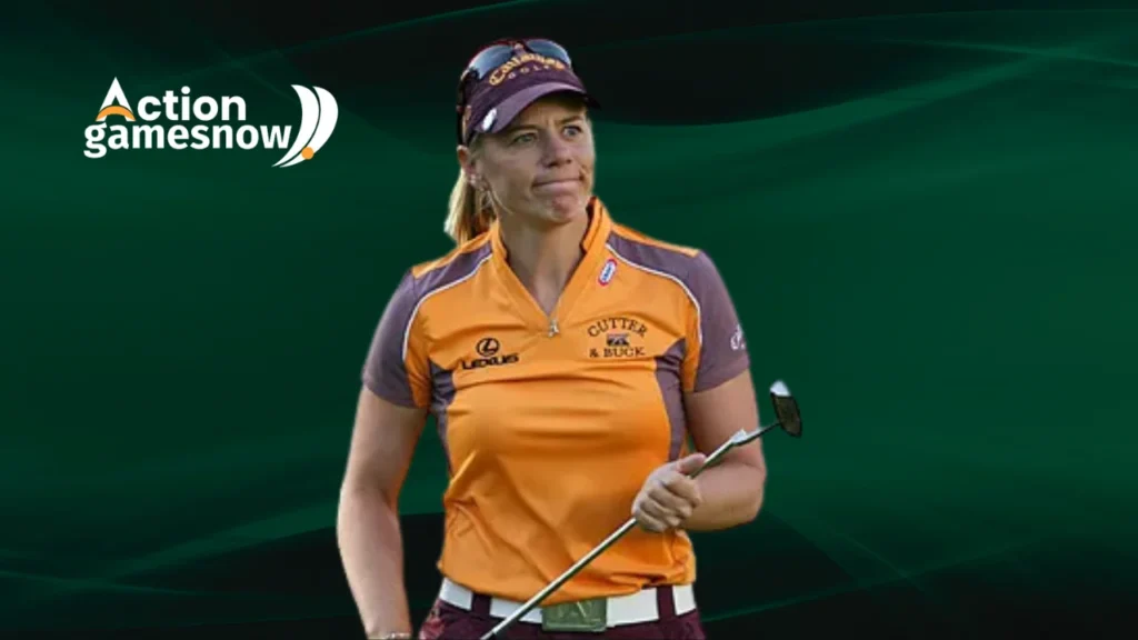 Portrait of Annika Sorenstam, a legendary Swedish professional golfer known for her exceptional achievements, including 10 major championships and 72 LPGA Tour victories.