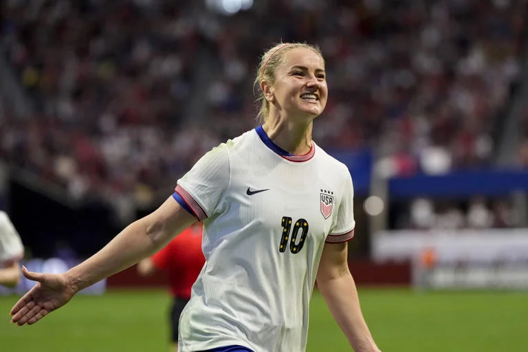 Lindsey Horan (10) of the United States celebrates her goal against Japan in the second half of a SheBelieves Cup women's soccer game in Atlanta on April 6, 2024. The US won by a score of 2-1. (Photo by AP/Mike Stewart)
