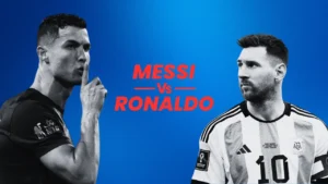 Lionel Messi celebrating a goal as he approaches a major milestone also held by Cristiano Ronaldo.