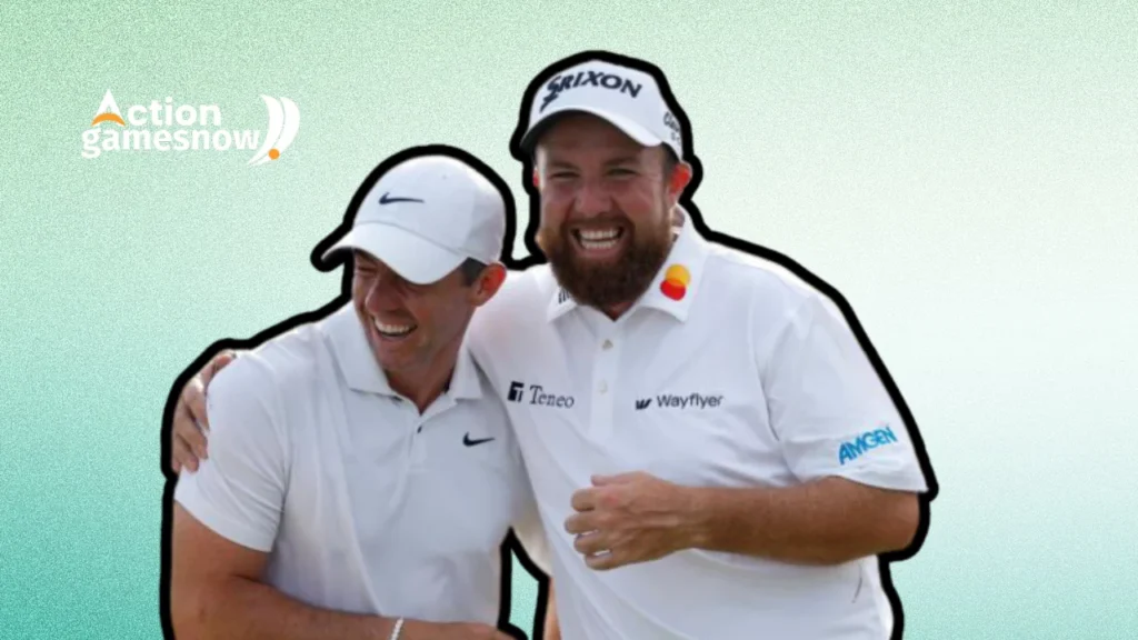 AVONDALE, LA., APRIL 28: Rory McIlroy of Northern Ireland and Shane Lowry of Ireland celebrate the end of the Zurich Classic of New Orleans at TPC Louisiana on April 28, 2024.
