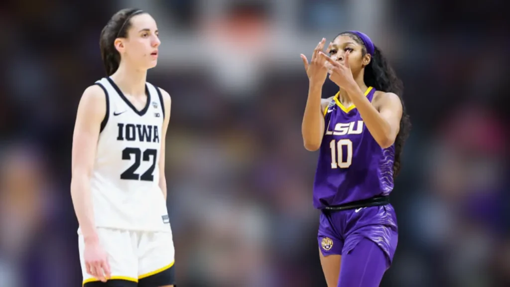 After the final round of the NCAA Women's Final Four event at the American Airlines Centre on April 2, 2023, Angel Reese (10) of the LSU Lady Tigers points the ball at Caitlin Clark (22) of the Iowa Hawkeyes.
