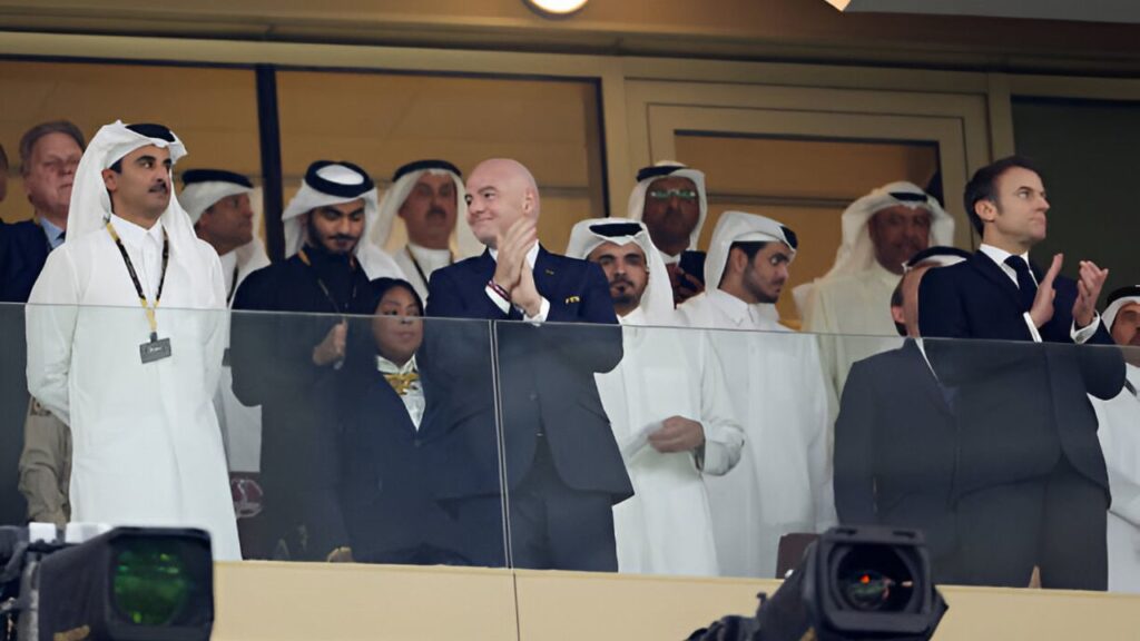 Gianni Infantino, President of FIFA, and French President Emmanuel Macron at the 2022 FIFA World Cup Final between Argentina and France in Lusail City, Qatar.