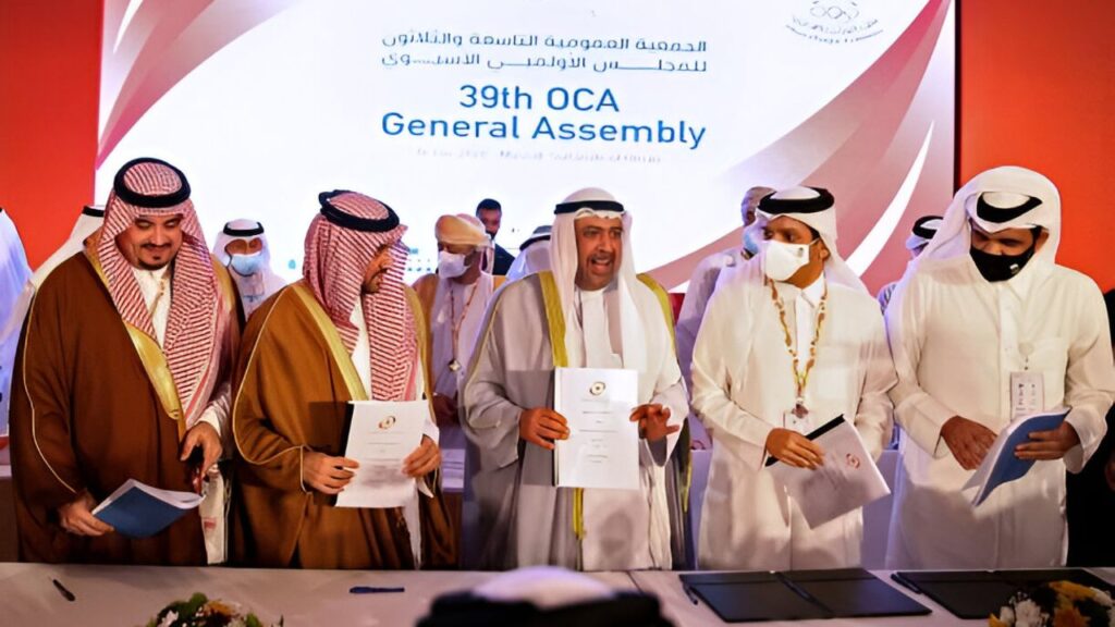 President of the Olympic Council of Asia Sheikh Ahmad al-Fahad al-Sabah, Saudi Minister Prince Abdulaziz bin Turki al-Faisal al-Saud, Qatar Olympic Committee Chairman Sheikh Joaan bin Hamad al-Thani, and Qatar's Minister of Foreign Affairs Sheikh Mohammed bin Abdulrahman al-Thani at the 39th OCA General Assembly in Muscat.