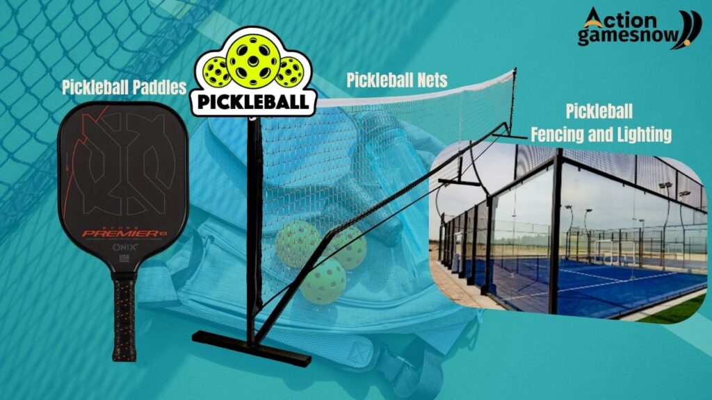 Modern pickleball equipment: composite paddle, perforated plastic ball, portable net, chain link fencing, and court lighting.