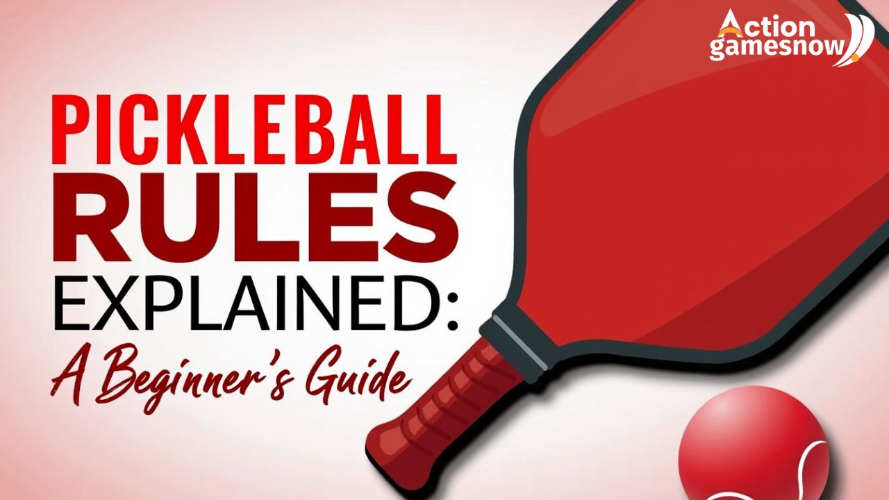 A beginner playing pickleball serving the ball on a sunny outdoor court.