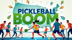 Map showing the global and U.S. expansion of pickleball with highlighted active regions and major tournaments.