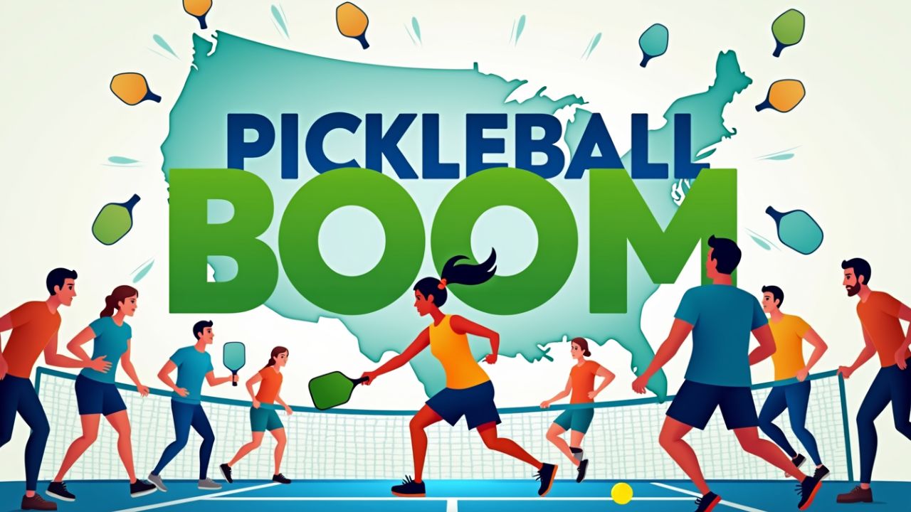 Map showing the global and U.S. expansion of pickleball with highlighted active regions and major tournaments.