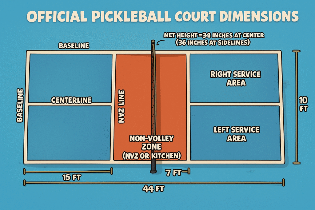 Diagram showing official USA Pickleball court dimensions: 20ft wide x 44ft long with recommended play area of 30ft x 60ft and the non-volley zones ("kitchen") marked.
