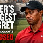 Tiger Woods looking thoughtful, with a backdrop of a golf course, discussing his greatest regret as exposed by Dan Rapaport.