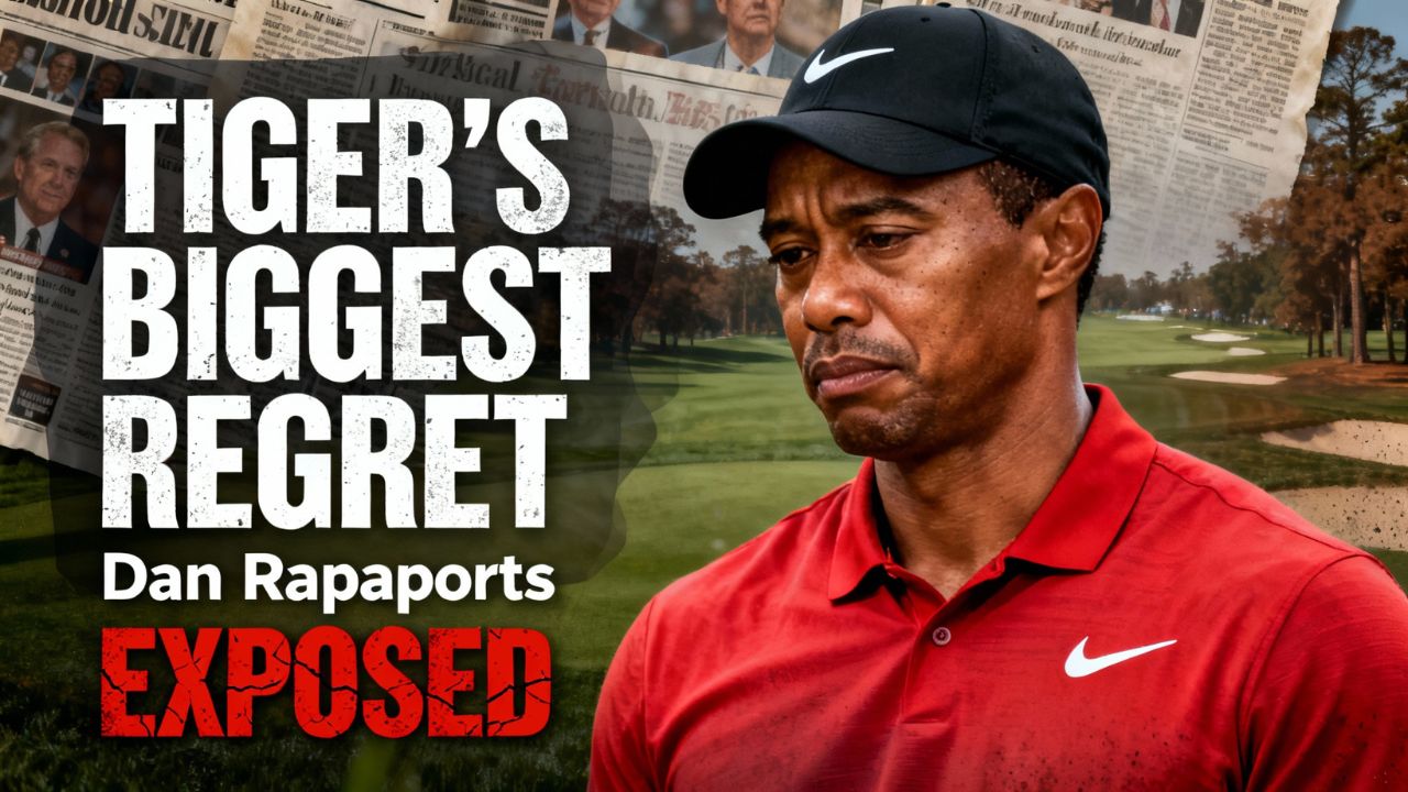 Tiger Woods looking thoughtful, with a backdrop of a golf course, discussing his greatest regret as exposed by Dan Rapaport.