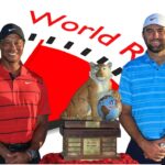 Scottie Scheffler swinging a golf club on a championship course with a tournament crowd in the background.