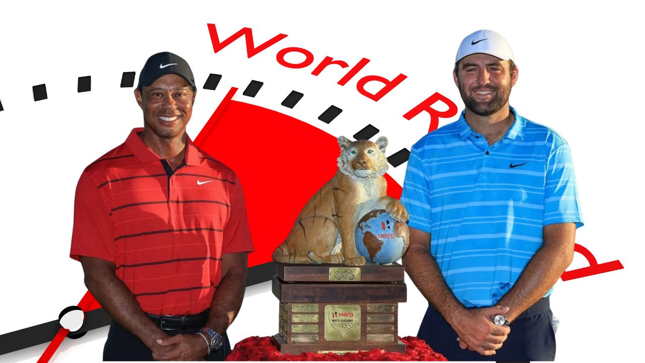 Scottie Scheffler swinging a golf club on a championship course with a tournament crowd in the background.