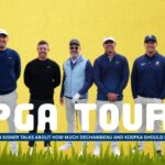 Kevin Kisner speaking during a golf press conference while discussing PGA Tour and LIV Golf players.