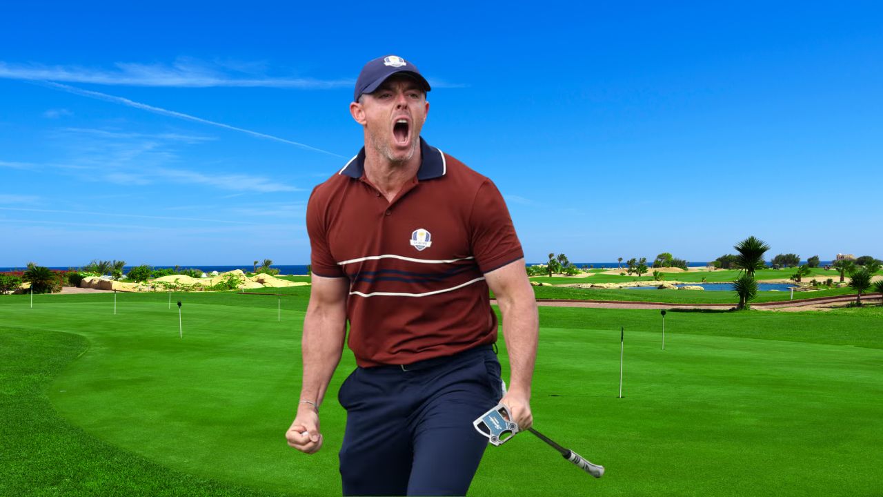 Rory McIlroy missing a shot during a swing at a professional golf tournament.