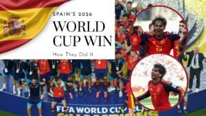 Spain players celebrating after winning the 2026 FIFA World Cup trophy.