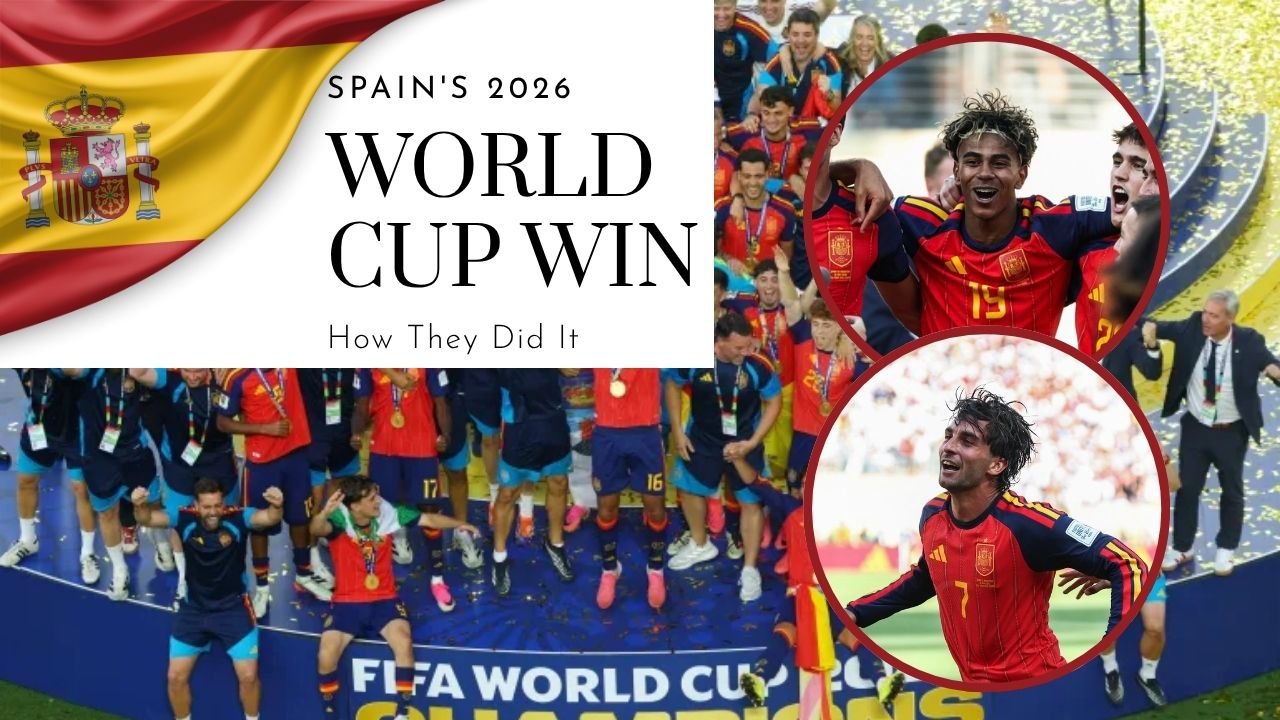 Spain players celebrating after winning the 2026 FIFA World Cup trophy.