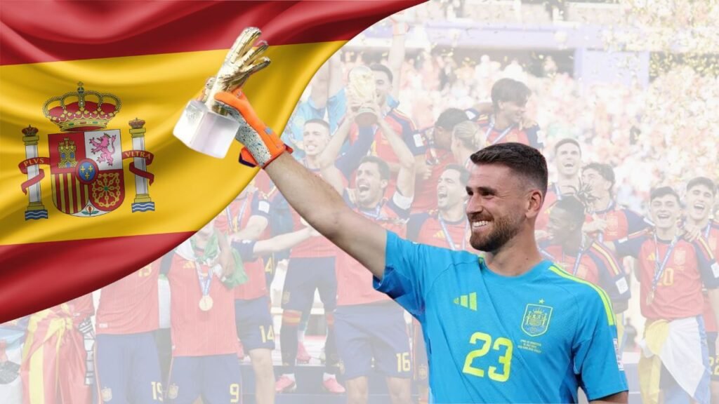 Unai Simón making a save during the FIFA World Cup 2026 final between Spain and Argentina