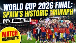 Spain players celebrate after winning the FIFA World Cup 2026 final against Argentina at MetLife Stadium