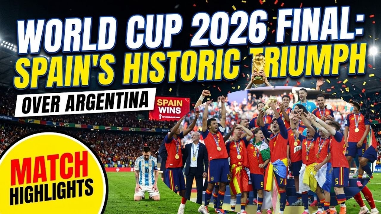 Spain players celebrate after winning the FIFA World Cup 2026 final against Argentina at MetLife Stadium