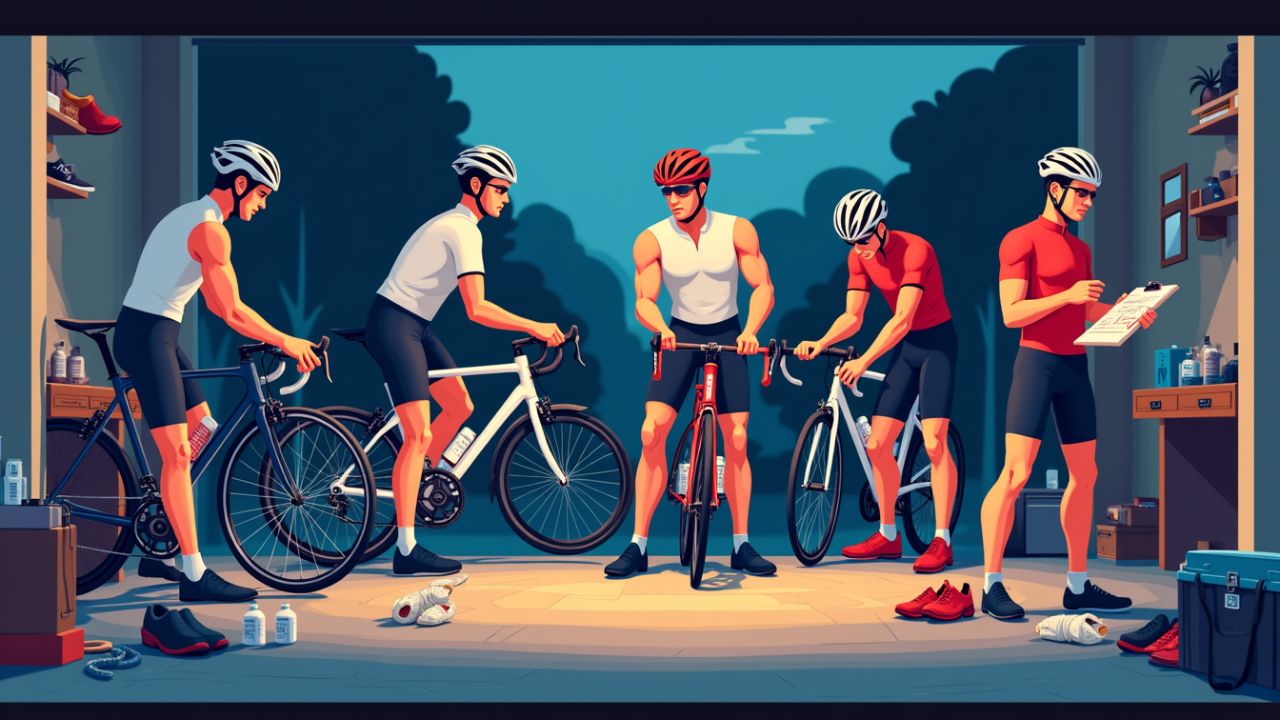 A cyclist preparing for a race, checking their gear and bike setup before the event.
